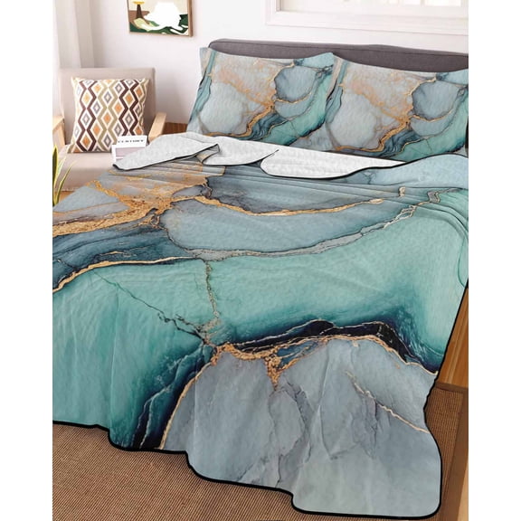 Blue Teal Marble King Size Down Alternative Comforter, Lightweight Comforter Quilt Bedding Set with Pillow Shams Modern Ink Painting Abstract All Seasons Bed Comforter Duvet Insert 96"x106"