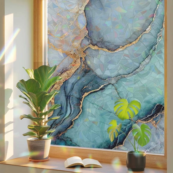 Blue Teal Marble Privacy Window Film, Decorative Stained Glass Window Film, Modern Ink Painting Abstract Resuable Rainbow Static Cling for Home Bathroom Living Room Glass Door 17.7"x39.3"