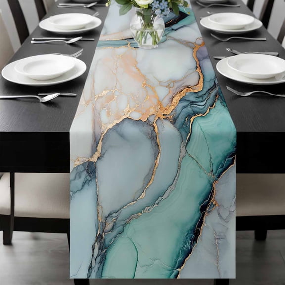 Blue Teal Marble Table Runner 36 Inches Long, Modern Ink Painting Abstract Kitchen Coffee Dining Table Decoration for Home Party Birthday Wedding Home Decor 13x36 Inches