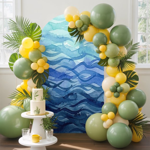 Blue Teal Ocean Waves Arch Backdrop Cover, 4FT, Nautical Coastal Abstract Sea Gradient Lines Spandex Arch Covers Double-Sided Backdrop for Wedding Birthday Party Photo Background Decoration