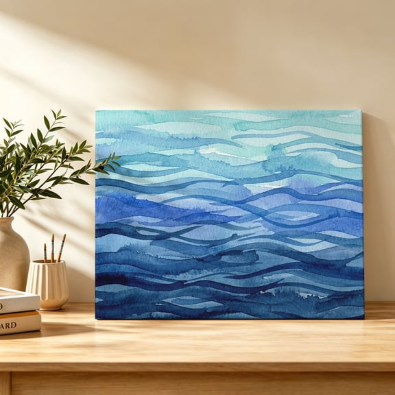 Blue Teal Ocean Waves Canvas Wall Art, Nautical Coastal Abstract Sea Gradient Lines Wall Art Prints Artwork Framed Canvas Ready to Hang Art Pictures for Bathroom Bedroom Entry Desk Corner 10" x 8"