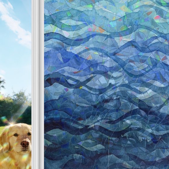 Blue Teal Ocean Waves Rainbow Window Privacy Film, Nautical Coastal Abstract Sea Gradient Lines Stained Glass Window Film, Sun Blocking Glass Clings Non Adhesive Door Stickers 17.7 x 39.3 Inches