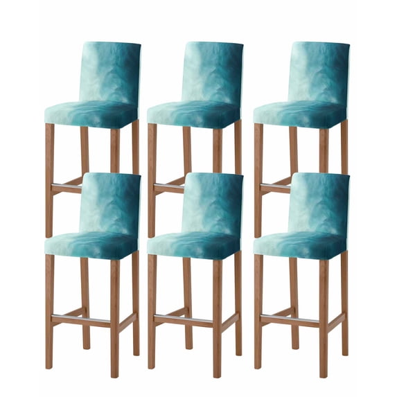 Blue Teal Ombre Bar Stool Covers Set of 6, Coastal Beach Modern Abstract Art Stretch Washable Bar Chair Covers with Backs, Removable Pub Counter Height Chair Cover for Kitchen Dining Room Cafe