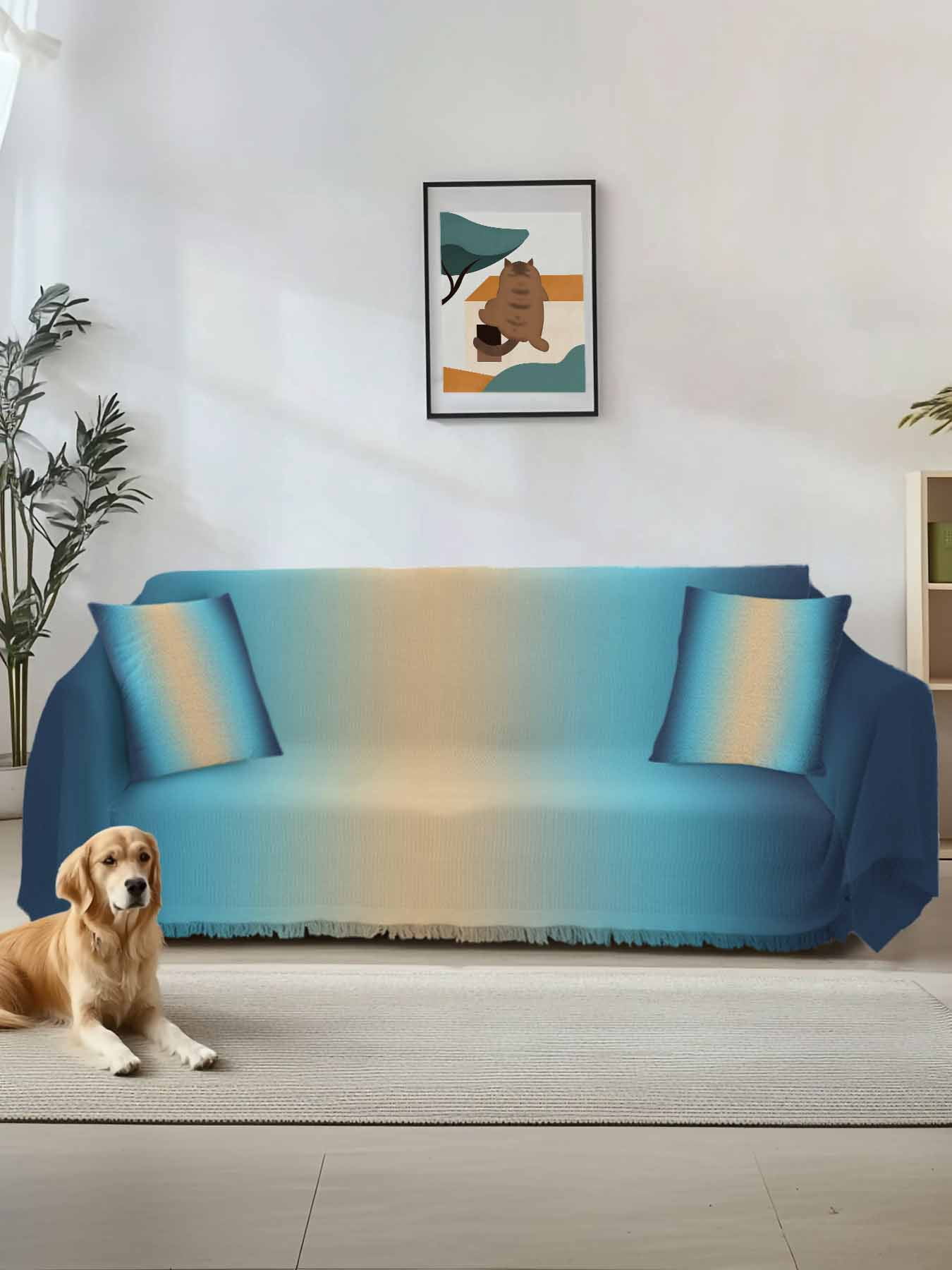 Blue Teal Ombre Couch Cover, Modern Yellow Gradient Farmhouse Art Sofa ...