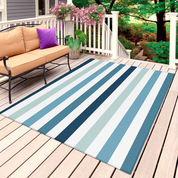 Blue Teal Ombre Grey Striped Outdoor Rug for Patio/Deck/Porch, Non-Slip Large Area Rug 3 x 5 Ft, Farmhouse Stripe Modern Indoor Outdoor Rugs Washable Area Rugs, Reversible Camping Rug Carpet Runner