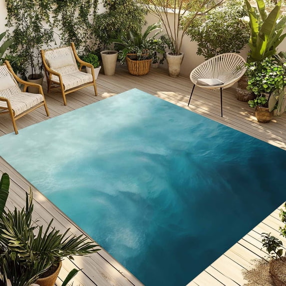 Blue Teal Ombre Outdoor Rug for Patio/Deck/Porch, Non-Slip Large Area Rug 5 x 8 Ft, Coastal Beach Modern Abstract Art Indoor Outdoor Rugs Washable Area Rugs, Reversible Camping Rug Carpet Runner