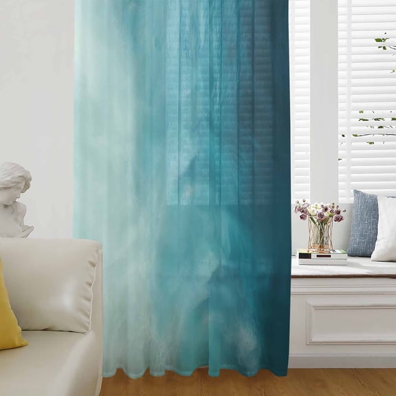 Blue Teal Ombre Sheer Curtains 45 Inches Long for Living Room/Bedroom, Coastal Beach Modern Abstract Art Rod Pocket Voile Kitchen Curtains & Drapes Window Treatment 1 Panel, 52"W x 45"L