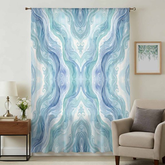 Blue Teal Ombre Sheer Curtains 54 Inches Long, Modern Abstract Art Ripple Light Filering Curtains, Breathable Simi Curtain Privacy Drapes for Kitchen Bathroom Nursery Small Window Treatment