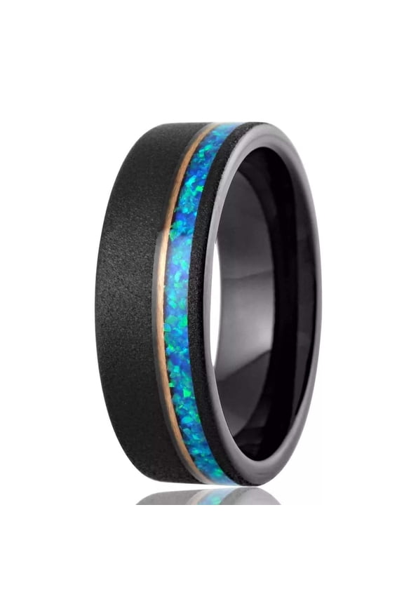 Blue Teal Opal Meteorite Wedding Band Ring for Men with Guitar String Black Rose Gold Tungsten Carbide