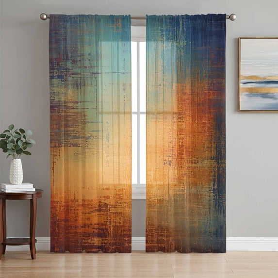 Blue Teal Orange Sheer Curtains 84 Inch Length 2 Panels Set, Chic Abstract Neutral Abstract Aesthetic Voile Window Treatment Rod Pocket Curtains Sheers for Bedroom/Living Room/Kitchen 52"x84"x2
