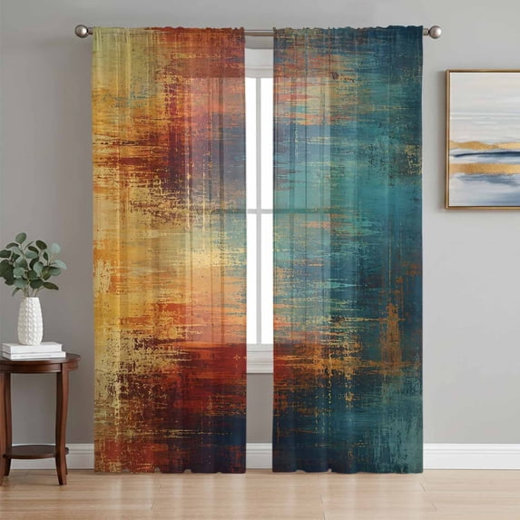 Blue Teal Orange Sheer Curtains 84 Inch Length 2 Panels Set, Vintage Farmhouse Abstract Ombre Art Voile Window Treatment Rod Pocket Curtains Sheers Drapes for Bedroom/Living Room/Kitchen 52"x84"x2