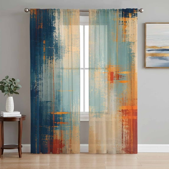 Blue Teal Orange Sheer Curtains 96 Inch Length 2 Panels Set, Colorful Vintage Minimalism Aesthetic Voile Window Treatment Semi Sheer Long Curtains Drapes for Bedroom/Living Room/Kitchen 52"x96"x2