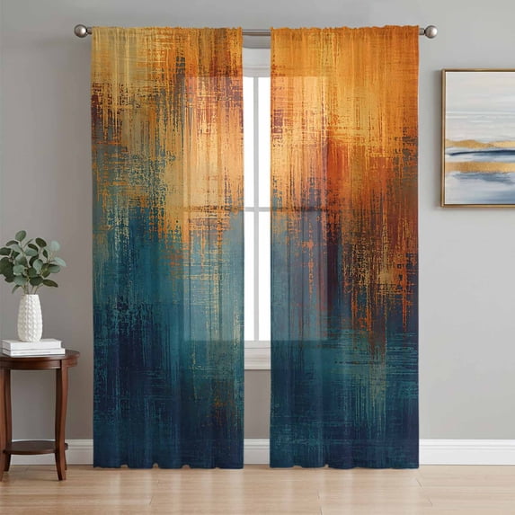Blue Teal Orange Sheer Curtains 96 Inch Length 2 Panels Set, Retro Abstract Gradient Mottled Art Voile Window Treatment Semi Sheer Long Curtains Drapes for Bedroom/Living Room/Kitchen 52"x96"x2