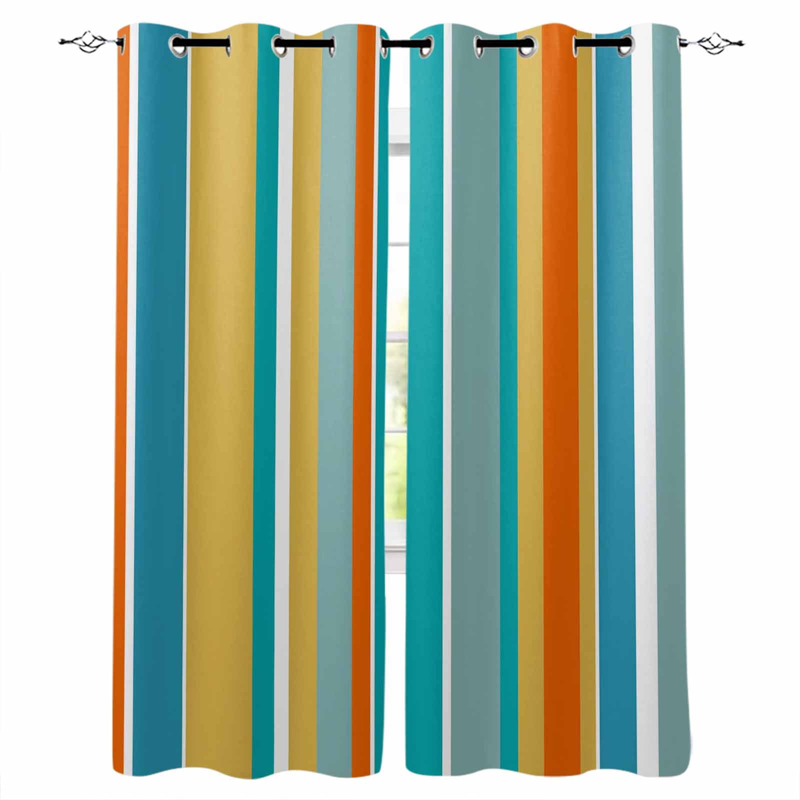 Blue Teal Orange Striped Black Out Curtains 72 Inch Long, Light ...