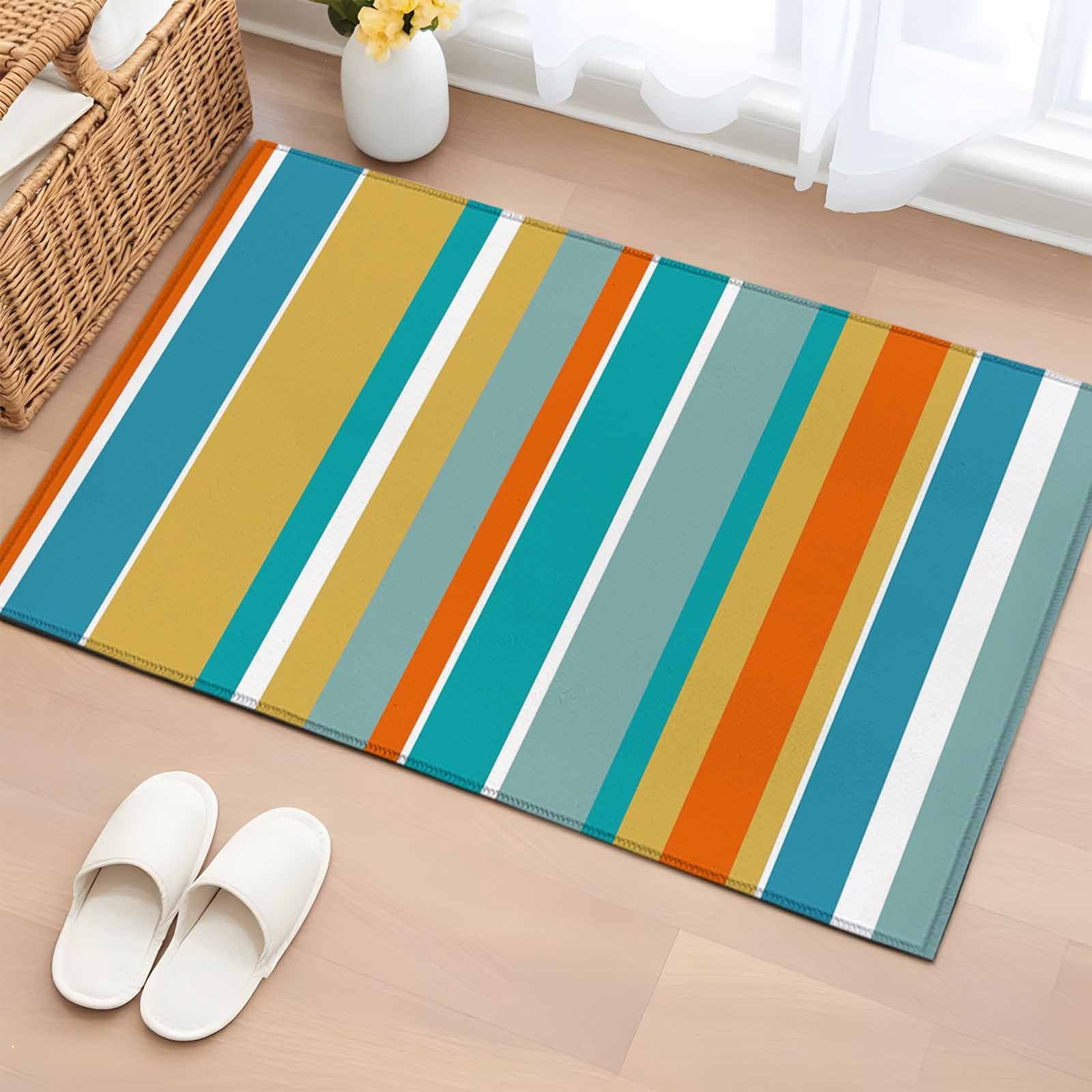 Blue Teal Orange Striped Entryway Rug 2'x3'&nbsp; Non Slip Front Door Mats, Farmhouse Stripe Entrance Rugs Indoor Outdoor Carpet, Washable Floor Mats Small Area Rug for Bedroom Kitchen