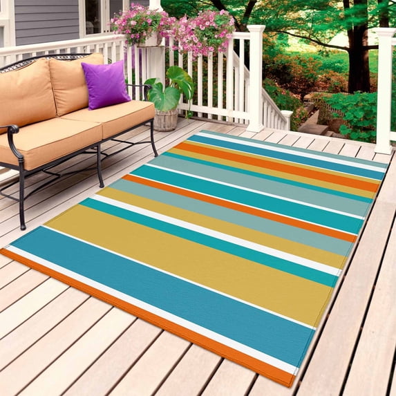 Blue Teal Orange Striped Outdoor Rug 6x9 Ft, Non Slip Washable Area Rug, Farmhouse Stripe Patio Rugs Carpet Runner, Large Floor Mat for Indoor/Outdoor Deck Porch Camping