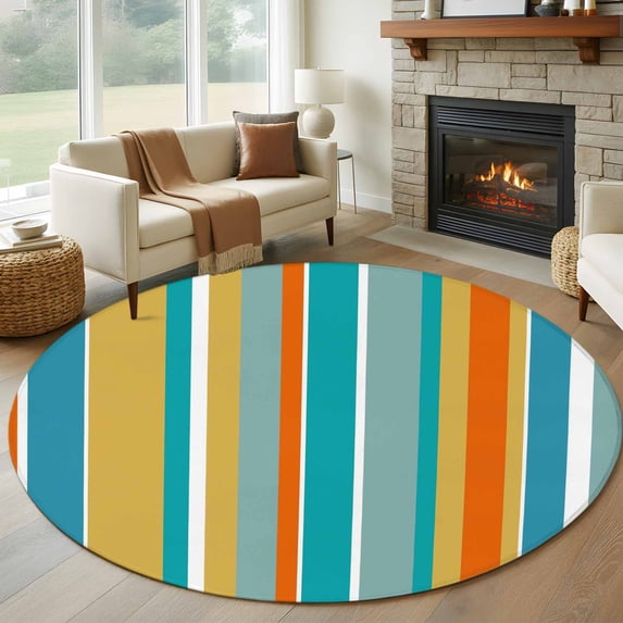 Blue Teal Orange Striped Round Rug 6ft Washable Circle Kitchen Rugs Non Slip Farmhouse Stripe Large Area Rug Indoor Floor Carpet for Bedroom Living Room Home Office Dining Room Nursery