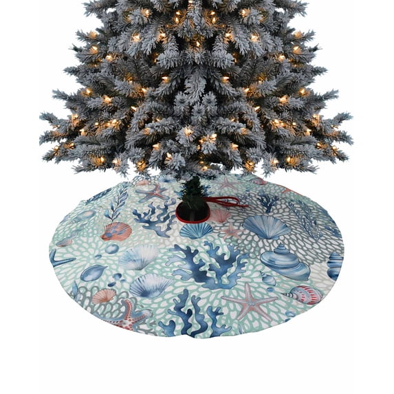 Blue Teal Pink Coastal Christmas Tree Skirt 36 Inches Large Christmas Skirt Tree, Summer Beach Nautical Coral Starfish Tree Skirt Christmas Decorations for Fireplace Party Holidays Indoor Outdoor