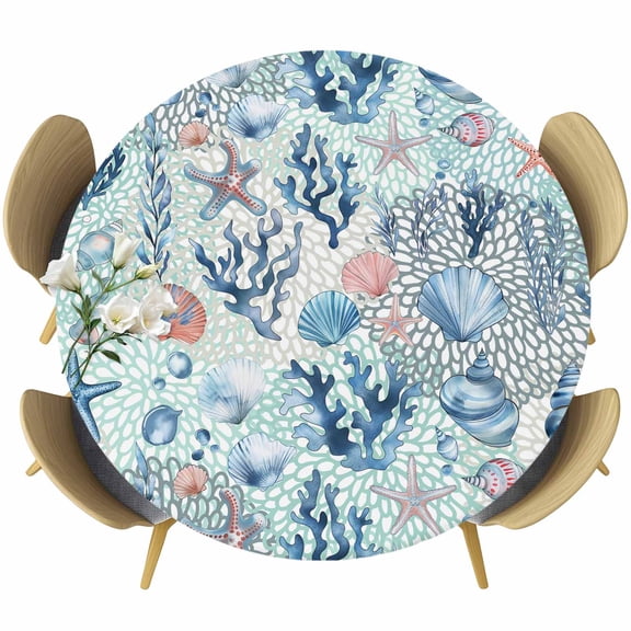 Blue Teal Pink Coastal Round Tablecloth 55-60 Inch Round Fitted Table Cloth with Elastic Edge, Summer Beach Nautical Coral Starfish Waterproof Table Cover Protector for Outdoor Picnic Party Dining