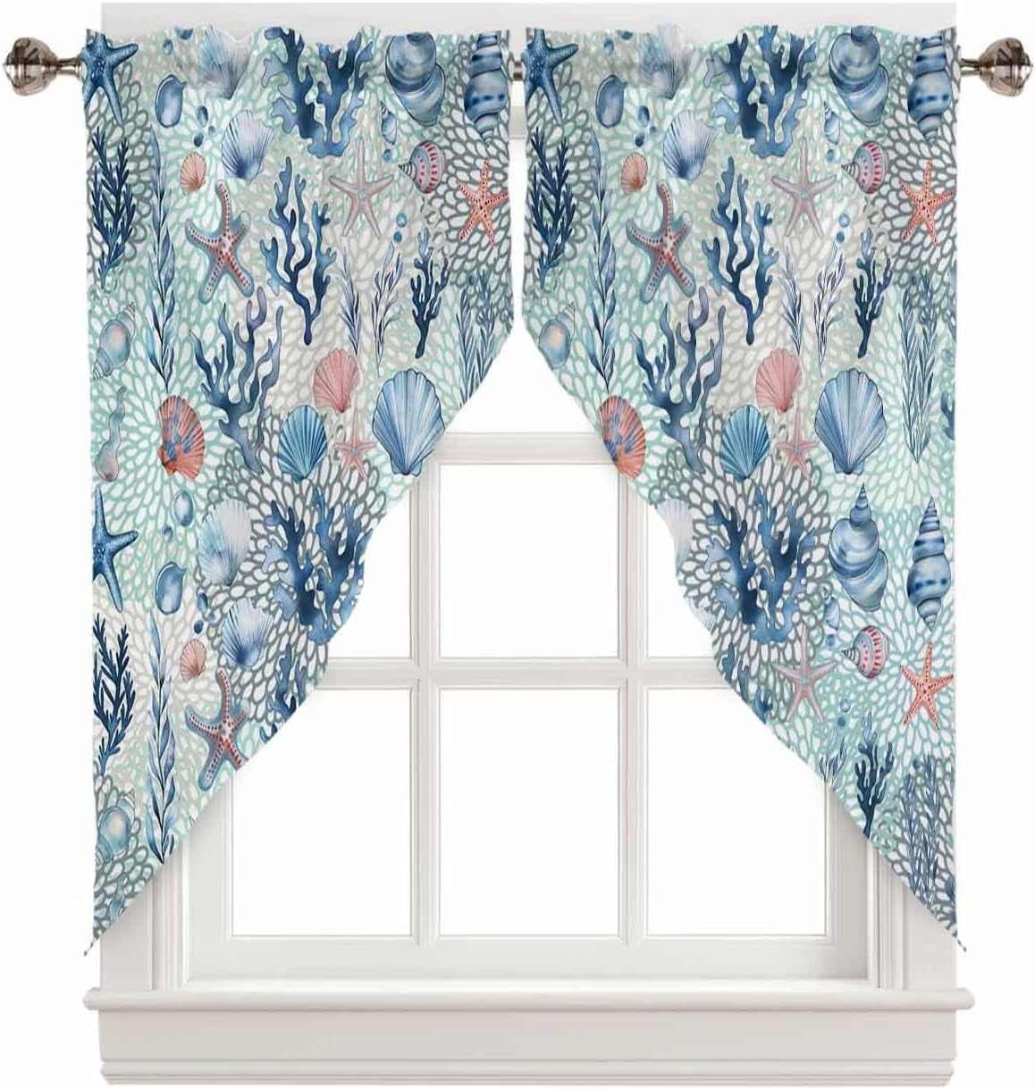 Blue Teal Pink Coastal Swag Curtains For Living Room Summer Beach