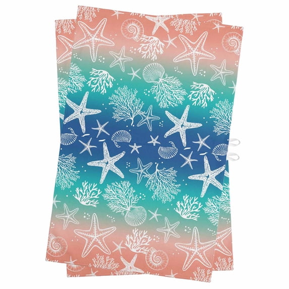 Blue Teal Pink Ombre Coastal Kitchen Towels Set of 2, Water Absorbent Dish Towel, Nautical Beach Starfish Coral Summer Decorative Hand Towels - Quick Drying Cloth for Cooking Baking, 18x28 Inch