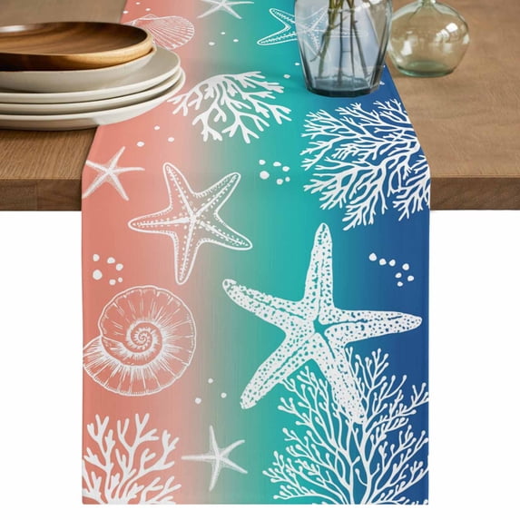 Blue Teal Pink Ombre Coastal Table Runner 120 Inches, Nautical Beach Starfish Coral Summer Bed Runner Dresser Scarves Tabletop for Indoor Outdoor Parties/Ceremony/Banquet, 13"x 120"