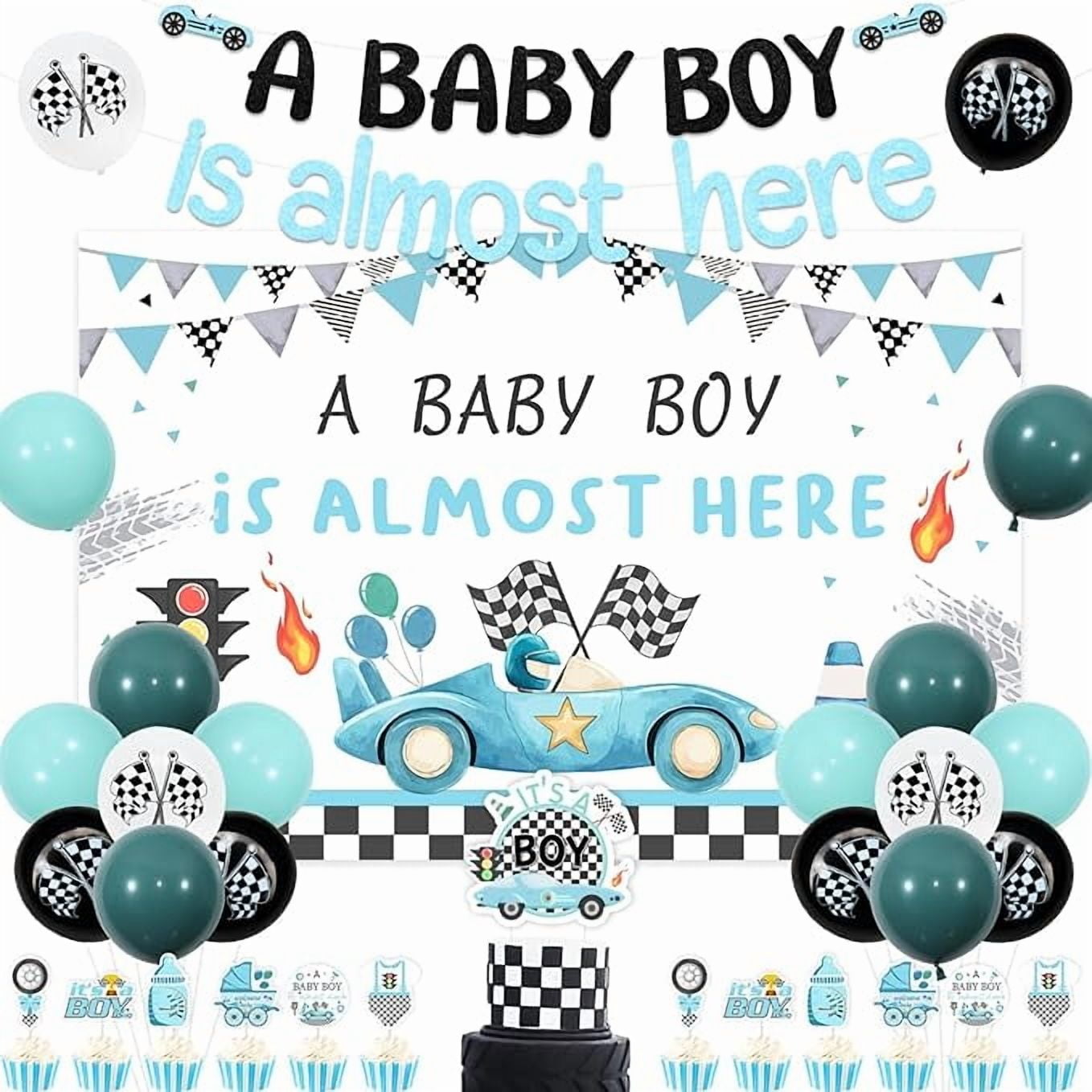 Blue Teal Race Car Baby Shower Decorations - A Baby Boy is Almost Here Backdrop, Banner, Its A Boy Cake Topper Cupcake Toppers, Vintage Blue Racing Car Pregnancy Celebration Newborn Party
