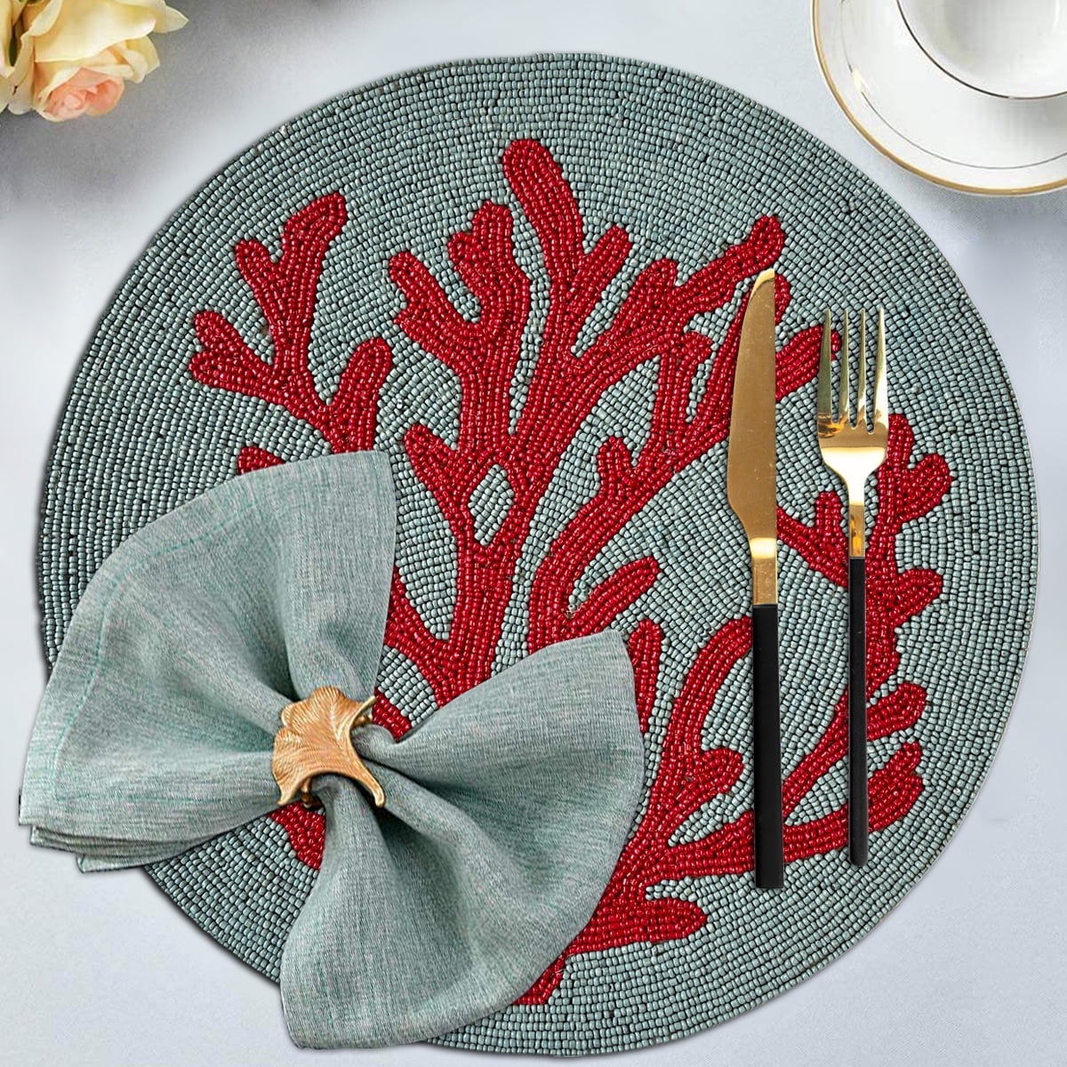 Blue Teal Red Beaded Placemats Set of 4 Coral Design for Fall Autumn Thanksgiving Season Scratch