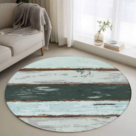 Blue Teal Round Rug 3.3ft Washable Circle Entryway Rugs Non Slip Vintage Wooden Retro Art Farmhouse Barns Area Rug Indoor Floor Carpet for Bedroom Kitchen Living Room Home Office Dining Room Nursery