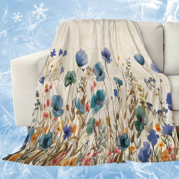 Blue Teal Spring Floral Cooling Blanket,Lightweight Summer Throw Blanket with Double Sided Cold Effect,Watercolor Botanical Summer Flowers Picnic Blankets Bed Sheet for Hot Sleepers 50"x60"