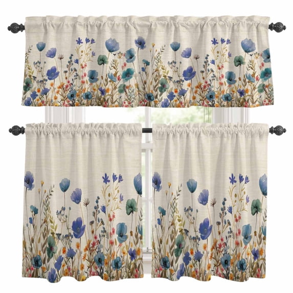 Blue Teal Spring Floral Kitchen Curtains Sets for Windows 24 Inch Length, Watercolor Botanical Summer Flowers Rod Pocket Window Treatments Tier Curtains and Valances Set for Bedroom/Bathroom