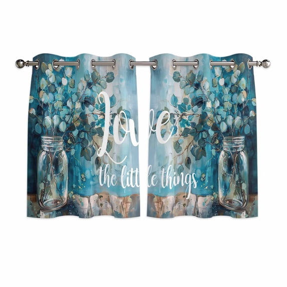 Blue Teal Spring Floral Kitchen Curtains Short 45 Inch Length, Modern Botanical Oil Painting Art Grommet Top Bedroom Living Room Curtains, Light Filtering Cafe Curtain Drapes 2 Panels Set 84''x45''