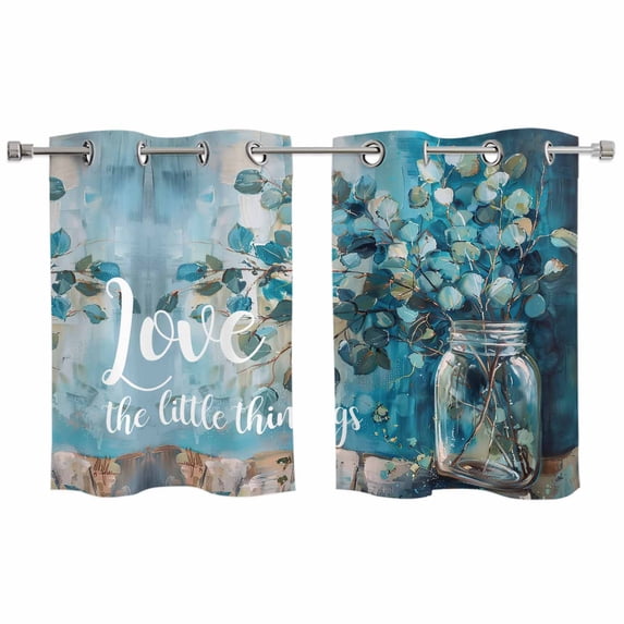 Blue Teal Spring Floral Kitchen Curtains Small Short 39 Inch Length, Modern Botanical Oil Painting Art Grommet Bedroom Living Room Curtains, Light Filtering Cafe Curtain Drapes 2 Panels Set 55''x39''