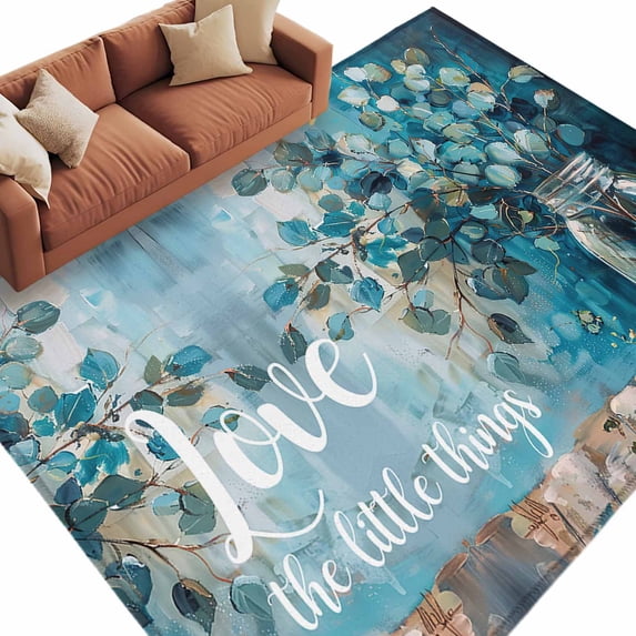 Blue Teal Spring Floral Large Area Rugs for Bedroom Living Room, Soft Non Slip Carpet Bedside Rug, Modern Botanical Oil Painting Art Rectangular Floor Cover Kitchen Accent Rug 5'x8' for Office
