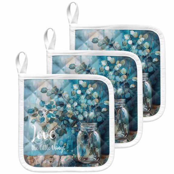Blue Teal Spring Floral Pot Holders for Kitchen Heatproof Potholder, 3 Pack Modern Botanical Oil Painting Art Hot Pads Multipurpose Oven Pads Cloth Potholders Trivet for Cooking Baking