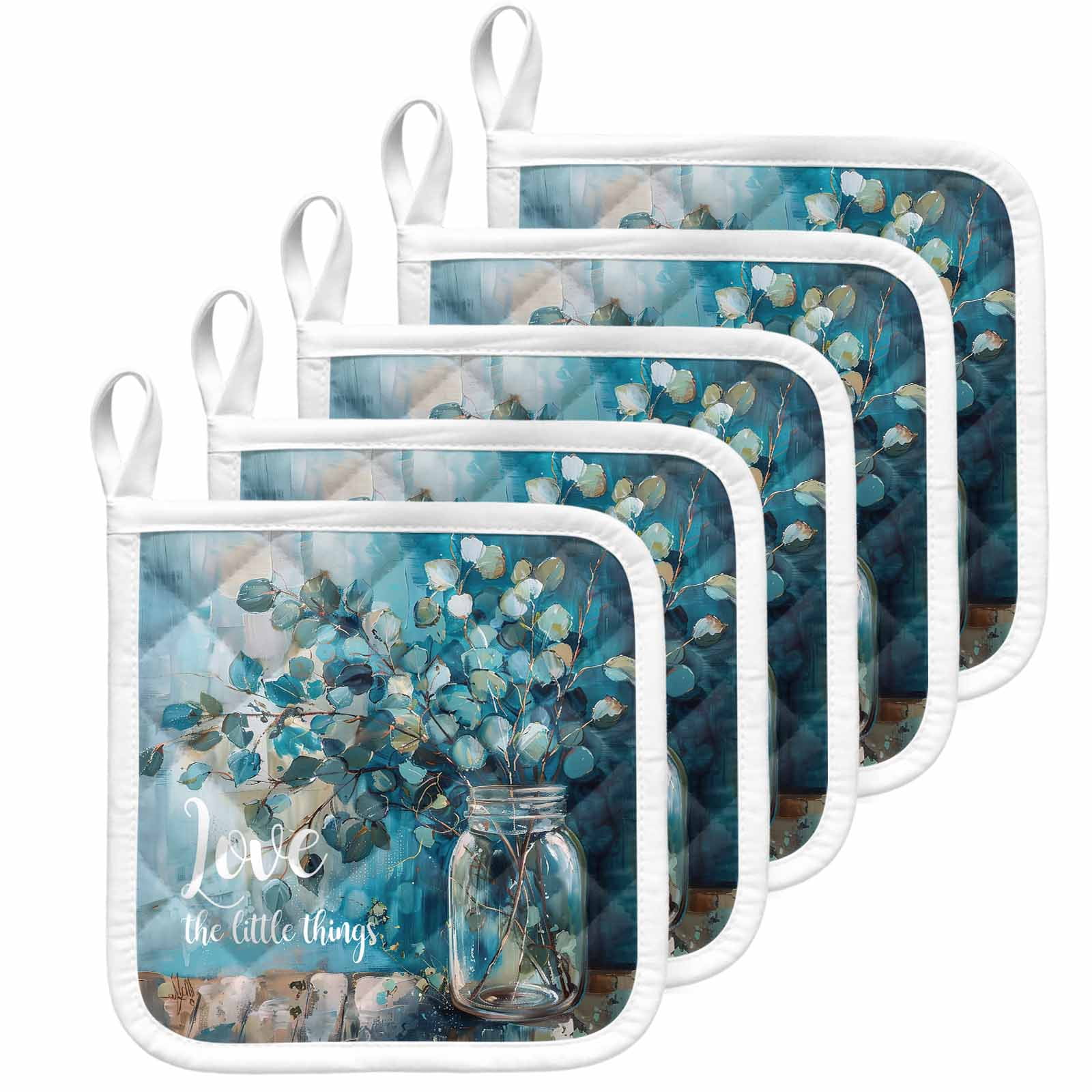 Blue Teal Spring Floral Pot Holders for Kitchen Heatproof Potholder, 5 Pack Modern Botanical Oil Painting Art Hot Pads Multipurpose Oven Pads Cloth Potholders Trivet for Cooking Baking