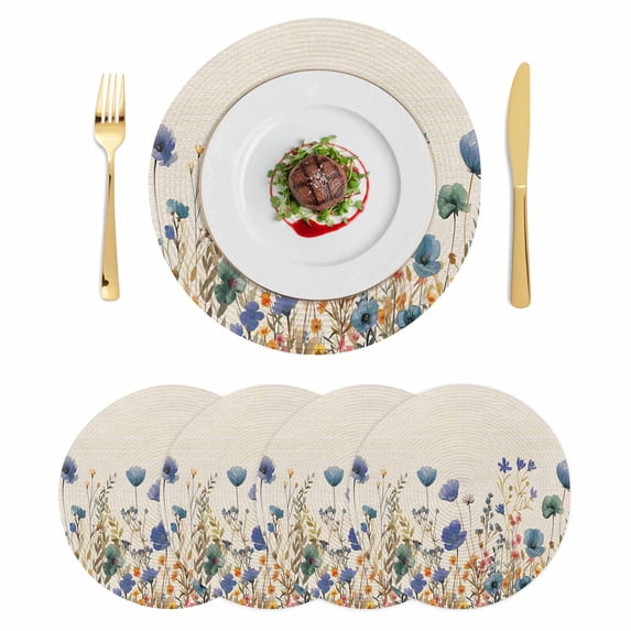 Blue Teal Spring Floral Round 13 Inch Placemats Set of 4, Watercolor Botanical Summer Flowers HeatResistant Non Slip Place Mats for Dining Table, Wipeable Braided Kitchen Table Mats for Housewarming