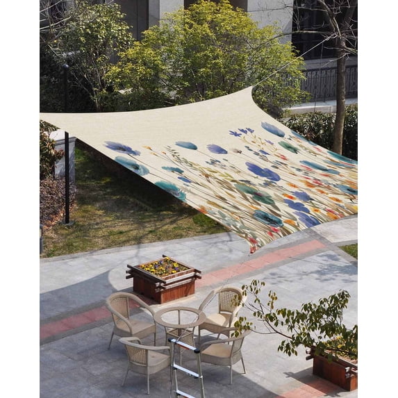Blue Teal Spring Floral Sun Shade Sail 14'x18' Rectangle Outdoor Shade Canopy, Watercolor Botanical Summer Flowers Porch Shades Outdoor Sun Blocking Screen, Sunshade Cloth Covers for Patio/Deck
