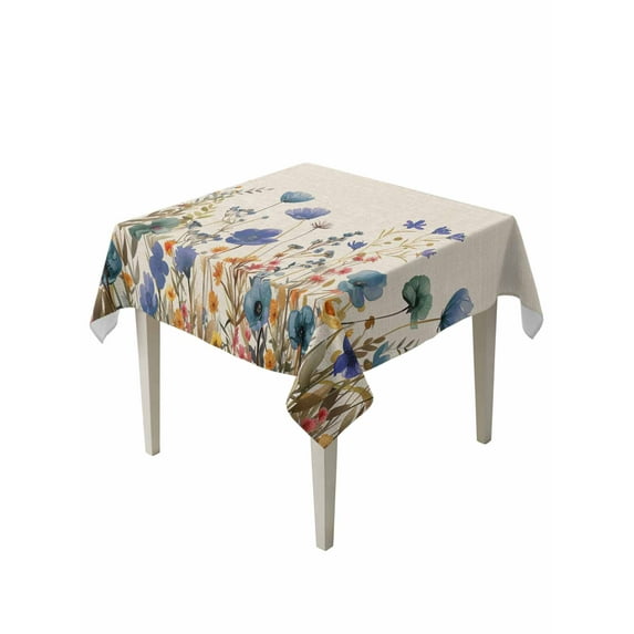Blue Teal Spring Floral Table Cloth, Watercolor Botanical Summer Flowers Waterproof Tablecloth for Square Tables, Reusable Washable Fabric Table Cover for Restaurant Kitchen Dining Tables 54"x54"