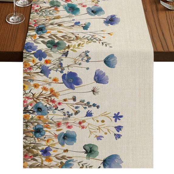 Blue Teal Spring Floral Table Runner 72 Inches Long, Cotton Linen Table ...