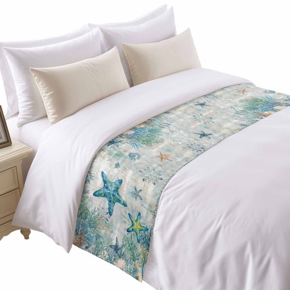 Blue Teal Starfish Coastal Bed Runner for Twin Size Bed, Summer Beach Ocean Nautical Coral Soft Bedding Scarf Bedding Protector Slipcover Sofa Throw for Bedroom Hotel Guesthouse