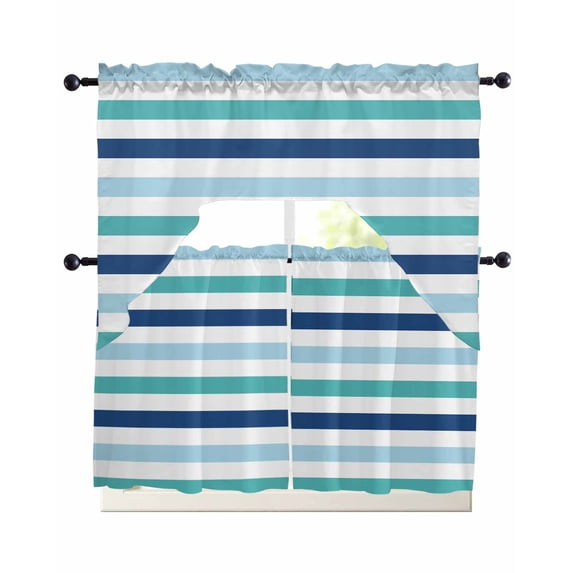 Blue Teal Striped Kitchen Curtain and Valance Set 3 Pieces, Rod Pocket ...