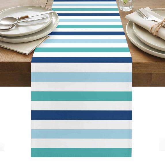 Blue Teal Striped Table Runner - 90 Inch Long, Kitchen Dining Table Runner Dresser Scarves, Farmhouse Stripes Simple Art Farmhouse Decor for Coffee Tables Wedding Party Banquet