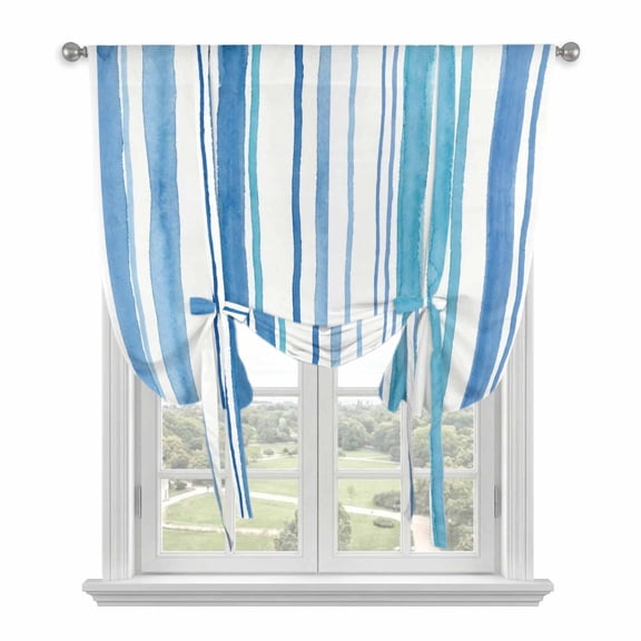 Blue Teal Striped Tie Up Curtains for Window, Thermal Insulated Balloon Shade Adjustable Rod Pocket Curtains Valance Panels for Kitchen Bathroom Cafe 34 x 45 Farmhouse Stripes Modern Art