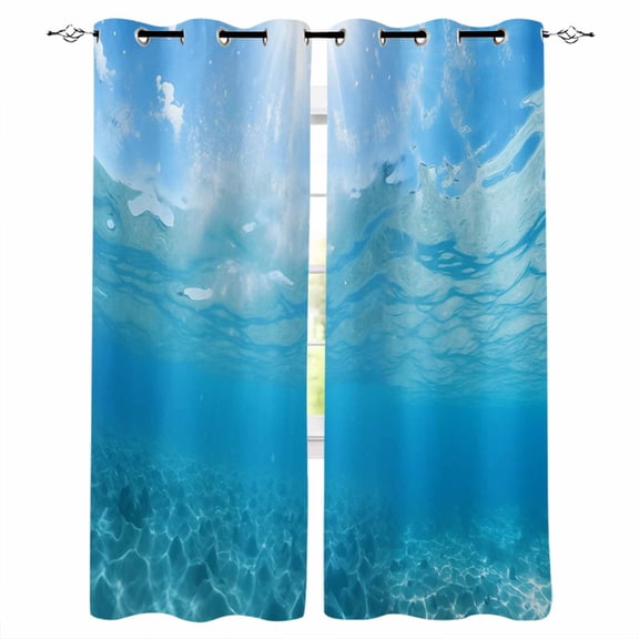 Blue Teal Summer Beach Blackout Curtains 45 Inches Long,Thermal Insualted Grommet Curtains & Drapes,Coastal Nautical Seawater Ocean Room Darking Curtains for Living Room Bedroom 2 Panels 52"W x45"L