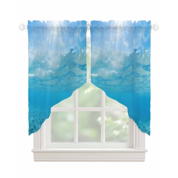 Blue Teal Summer Beach Swag Valances for Windows, Coastal Nautical Seawater Ocean Rod Pocket Sheer Valances for Small Windows, Swag Toppers Light Filtering for Kitchen Living Room 2 Panels 28''x36''