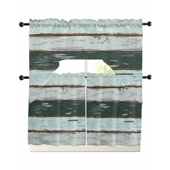 Blue Teal Swag Curtains for Living Room/Bedroom Windows, Vintage Wooden Retro Art Farmhouse Barns Kitchen Curtains and Valances Set 36 Inch Length, Light Filtering Swags Valance Curtain Panels