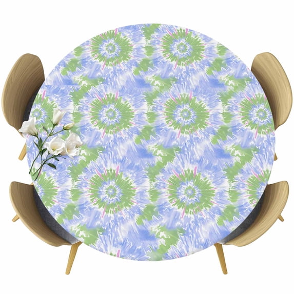 Blue Teal Table Cloth, Round Fitted Tablecloths with Elastic Edge, Modern Tie Dyeing Contemporary Abstract Art Wipeable Waterproof Table Cover for Kitchen Wedding 36-44 Inches