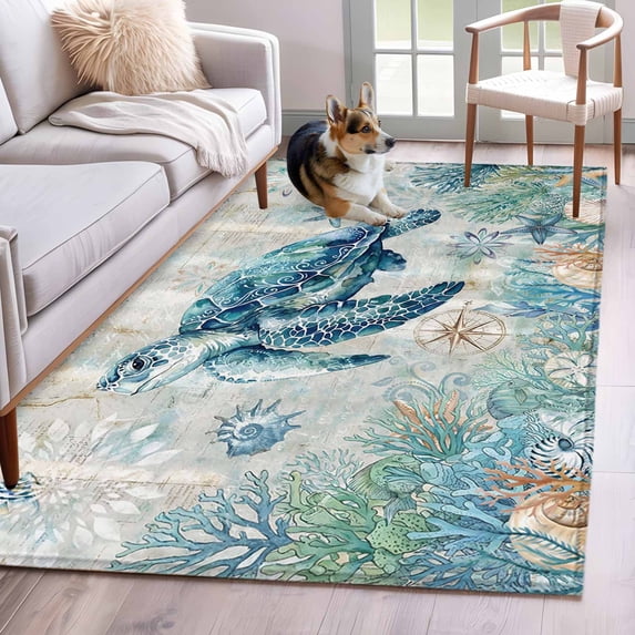 Blue Teal Turtle Coastal Area Rugs 4x6 ft Summer Beach Ocean Nautical Coral Washable Rug Non Slip Indoor Carpet Absorbent Floor Mat for Living Room Bedroom Dining Room