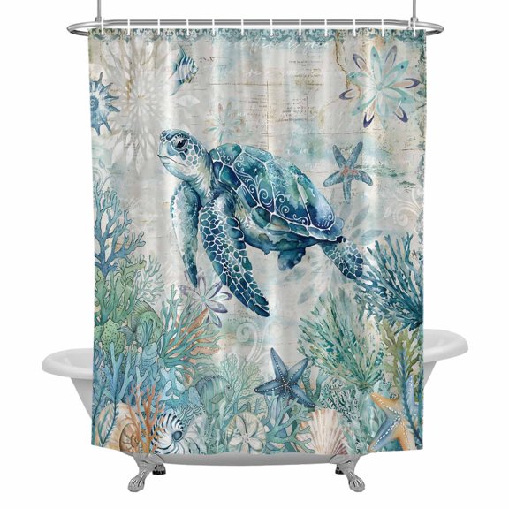 Blue Teal Turtle Coastal Bathroom Shower Curtain, Summer Beach Ocean Nautical Coral Waterproof Washable Soft Bath Curtain for Bathtub Decor with 12 Hooks&Grommet, 66x72 Inch